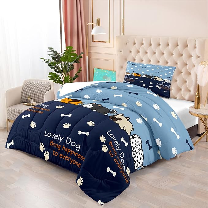 2Pcs Cartoon Dog Comforter Set Twin Comforter Set for Boys Lovely Puppy Patterns Bedding Set Fun Animal Lover Comforter Lovely Dog Paw Bones Quilt with 1 Pillowcase, Twin Size - LeafyLoom