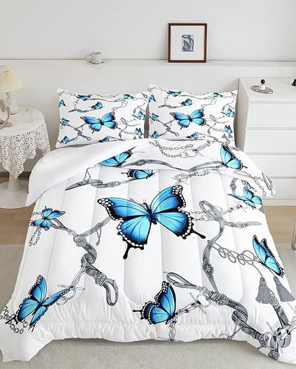 CVHOUSE Butterfly Bedding Set,Butterfly Comforter Queen,Butterfly Comforter Set for Girls Kids Teens,Butterflies Quilt Set with 1 Comforter and 2 Pillow Cases- 3 Piece - LeafyLoom