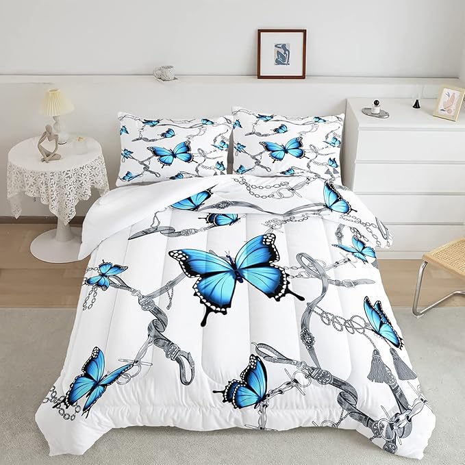 CVHOUSE Butterfly Bedding Set,Butterfly Comforter Queen,Butterfly Comforter Set for Girls Kids Teens,Butterflies Quilt Set with 1 Comforter and 2 Pillow Cases- 3 Piece - LeafyLoom