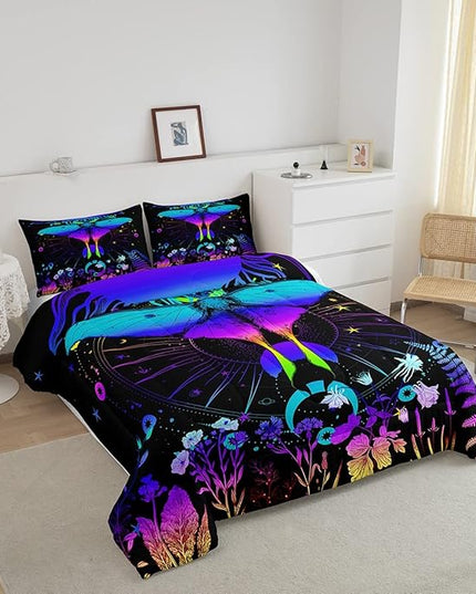 Erosebridal Moth Comforter Set King Hippie Psychedelic Sun and Moon Bedding Set,Purple Blue Ombre Galaxy Floral Botanical Comforter for Girls Teens Women Stars Planet Quilt Duvet 2 Pillowcases - LeafyLoom