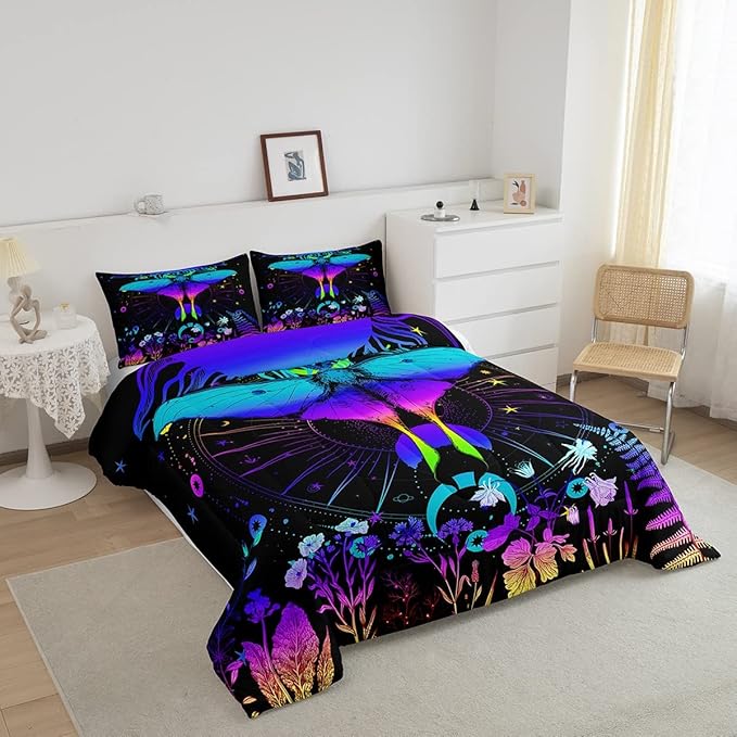 Erosebridal Moth Comforter Set King Hippie Psychedelic Sun and Moon Bedding Set,Purple Blue Ombre Galaxy Floral Botanical Comforter for Girls Teens Women Stars Planet Quilt Duvet 2 Pillowcases - LeafyLoom