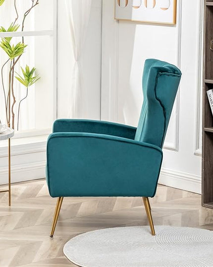 Armchair Modern Velvet Accent Chair, Channel Tufted Bedroom, Office or Living Room Furniture with Elegant Metal Legs, Blueish Green - LeafyLoom