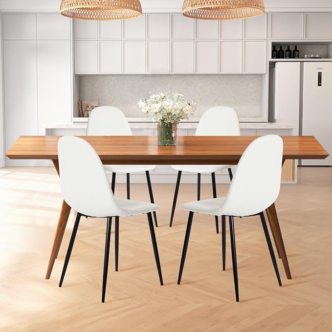 FurnitureR Dining Chairs Set of 4, Fabric Comfy Seat Armless Side Chairs with Metal Legs Mid Century for Home Kitchen Reception Room, Beige - LeafyLoom