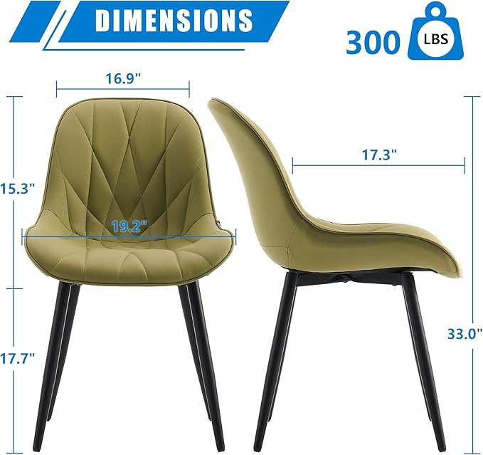 YOUNIKE Dining Chairs Set of 2, Grass Green Comfy Padded Kitchen Chairs, Armless Modern Faux Leather Upholstered Dining Room Chairs, Elegant Dinning Chairs Side Chairs, Loads up to 300LBS - LeafyLoom