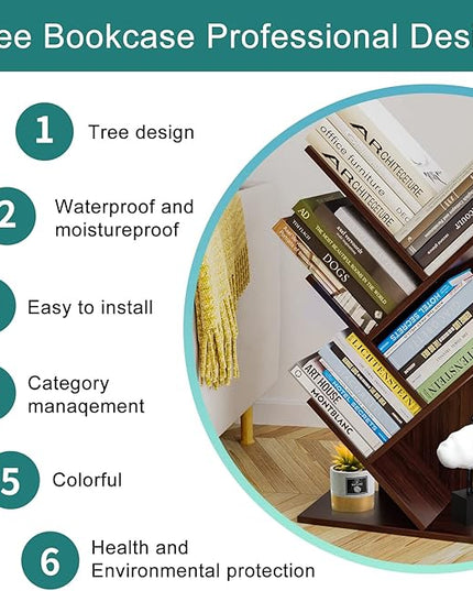 Tree Bookshelf, 5 -Tier Book Storage Organizer Shelves Floor Standing Bookcase, Wood Storage Rack for Office Home School Shelf Display for Cd/Magazine (Dark Walnut) - LeafyLoom