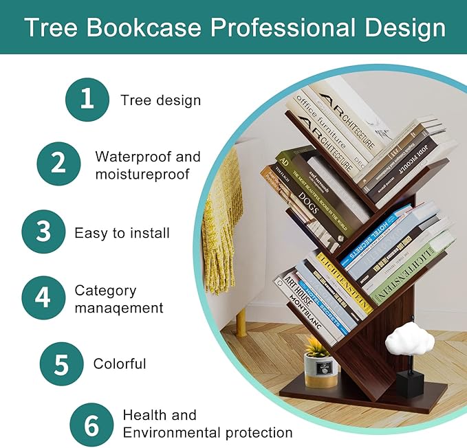 Tree Bookshelf, 5 -Tier Book Storage Organizer Shelves Floor Standing Bookcase, Wood Storage Rack for Office Home School Shelf Display for Cd/Magazine (Dark Walnut) - LeafyLoom