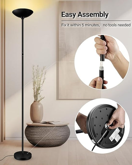 BoostArea Dimmable Floor Lamp,30W 3000LM Super Bright LED Torchiere Standing Lamp with Remote & Touch Control,71 in Tall Pole Sky Modern Floor Lamps for Living Room Bedroom Office,2700k-6500k,Black - LeafyLoom