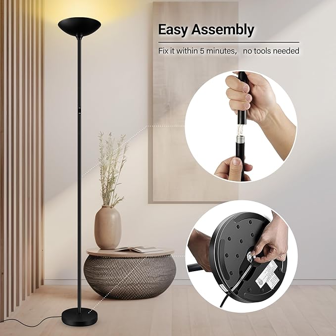 BoostArea Dimmable Floor Lamp,30W 3000LM Super Bright LED Torchiere Standing Lamp with Remote & Touch Control,71 in Tall Pole Sky Modern Floor Lamps for Living Room Bedroom Office,2700k-6500k,Black - LeafyLoom