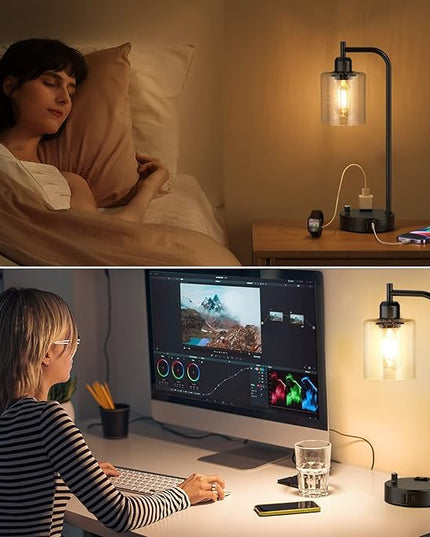 Industrial Table Lamps for Bedrooms Set of 2 - Fully Dimmable Bedside Lamps with USB A and C Ports and Outlet, Black Nightstand Lamps with Glass Shade for Living Room, Desk Lamps for Office Reading - LeafyLoom