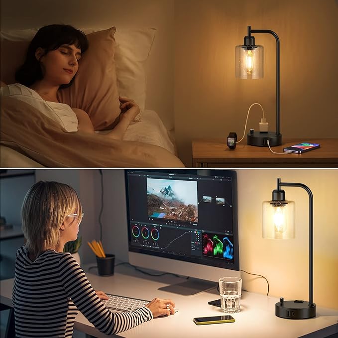 Industrial Table Lamps for Bedrooms Set of 2 - Fully Dimmable Bedside Lamps with USB A and C Ports and Outlet, Black Nightstand Lamps with Glass Shade for Living Room, Desk Lamps for Office Reading - LeafyLoom