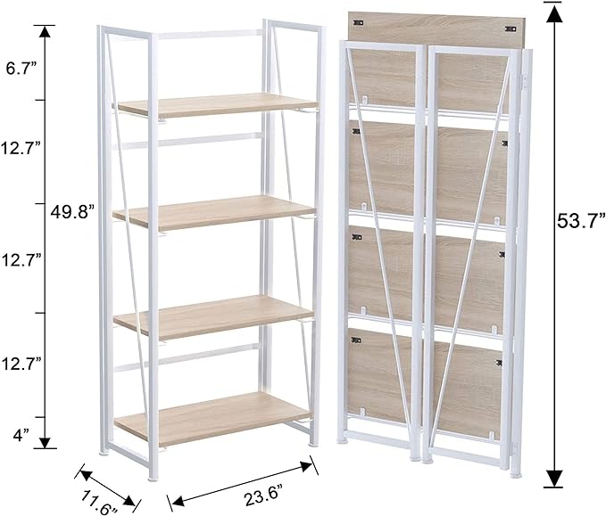 No-Assembly Folding Bookshelf Storage Shelves 4 Tiers Vintage Multifunctional Plant Flower Stand Storage Rack Shelves Bookcase for Home Office (White) - LeafyLoom