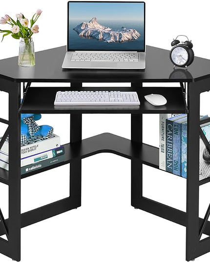 VECELO Corner Computer Desk 41 x 30 inches with Smooth Keyboard & Storage Shelves for Home Office Workstation, Black - LeafyLoom