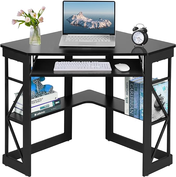 VECELO Corner Computer Desk 41 x 30 inches with Smooth Keyboard & Storage Shelves for Home Office Workstation, Black - LeafyLoom