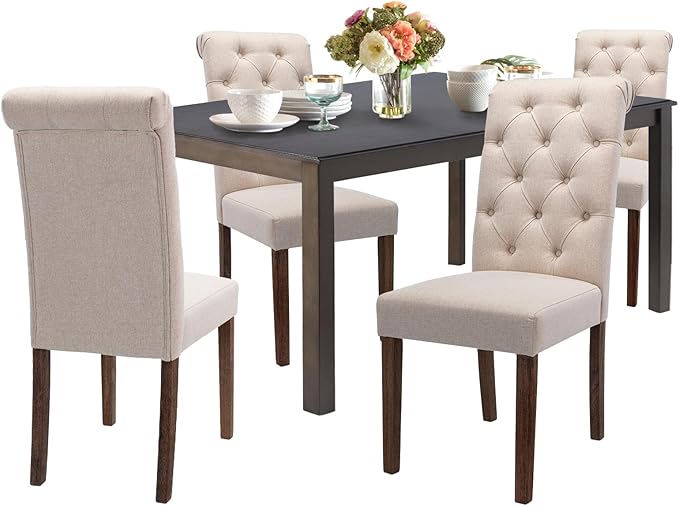 COLAMY 5-Piece Dining Table Set for 4, 60" Kitchen Wood Table with 4 Tufted Dining Room Chairs, Brown/Beige - LeafyLoom