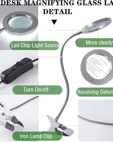 Magnifying Glass with Light and Stand, Desk Lamp LED light with USB Powered,Adjustable Flexible Gooseneck,clip on desktop & bed for Reading, Crafts;studio for Daily Hobbies Repairing. - LeafyLoom