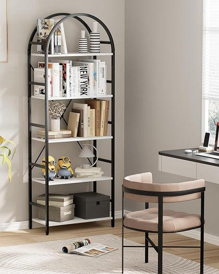 5-Tier Bookshelf, 24 Inch Width Industrial Arched Bookcase, Vintage Storage Rack with Open Shelves, Free Standing Shelf for Home Office, Living Room,Bedroom, Black & White - LeafyLoom