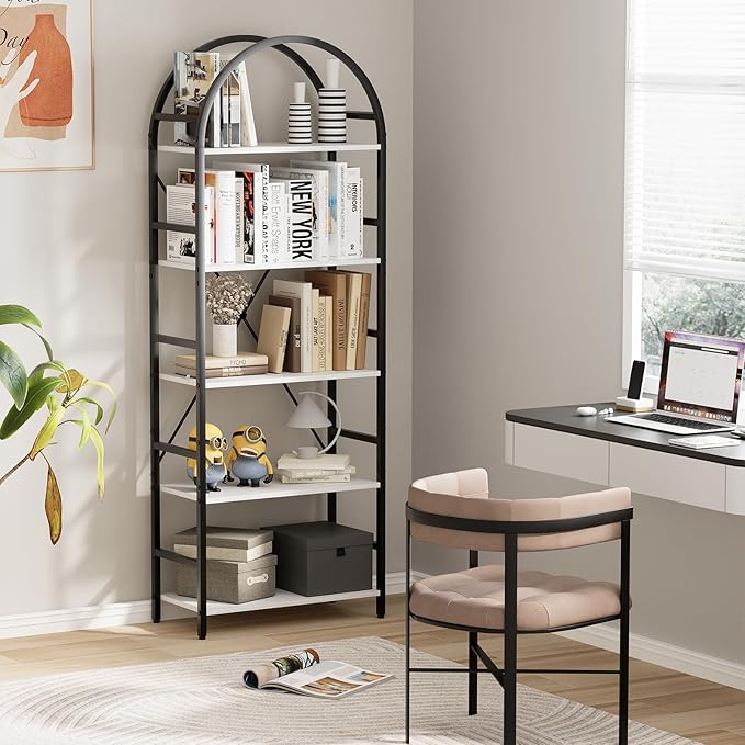 5-Tier Bookshelf, 24 Inch Width Industrial Arched Bookcase, Vintage Storage Rack with Open Shelves, Free Standing Shelf for Home Office, Living Room,Bedroom, Black & White - LeafyLoom
