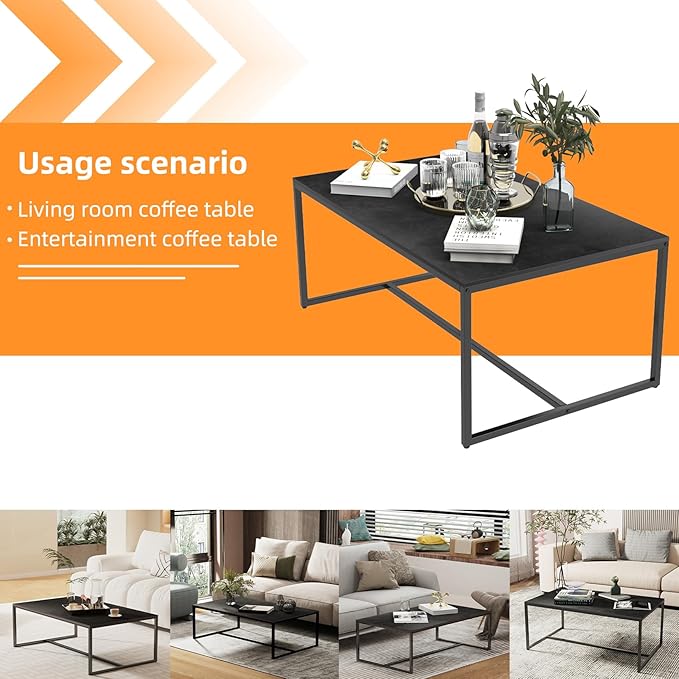 Wisfor Sintered Stone Coffee Table: Black Sofa Center Table with Black Metal Frame - Rectangular Furniture Decor Table for Living Room, 39.4x23.6x15.7 Inch - LeafyLoom