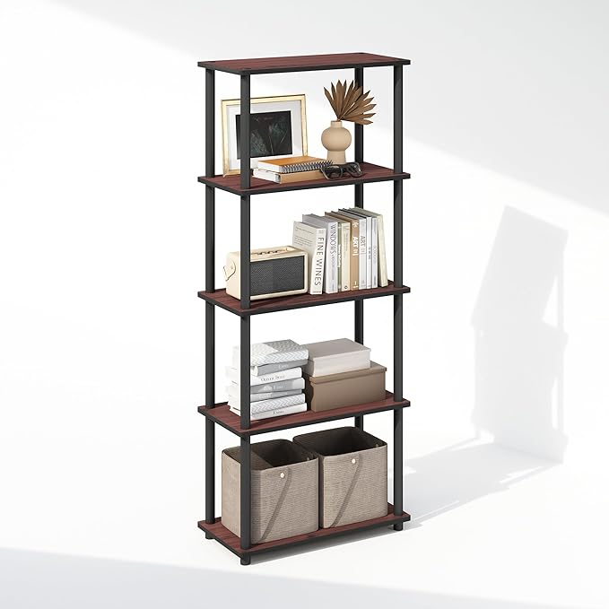Furinno Turn-N-Tube 5-Tier Multipurpose Compact Display Rack, Shelving Unit, Bookcase, Dark Cherry/Black - LeafyLoom