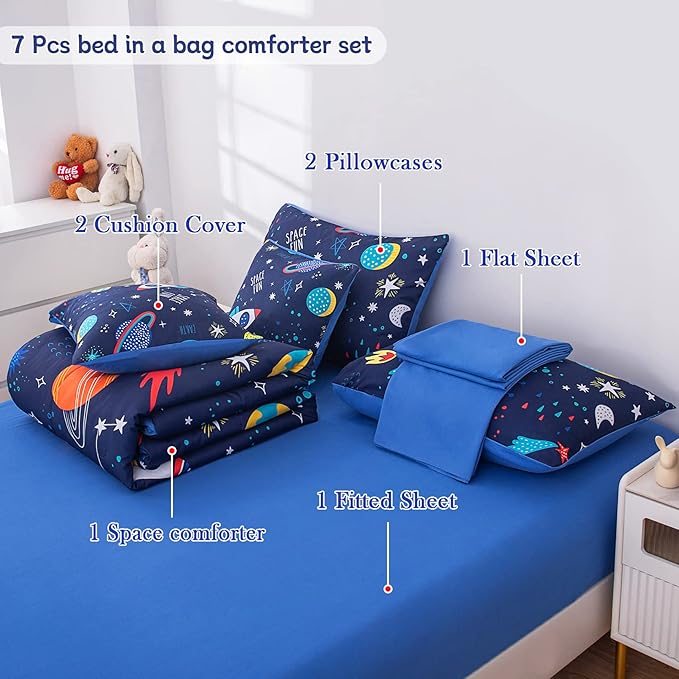 Twin Comforter Set for Boys Girls Space Bedding,Twin Size Comforter Sets Galaxy Bedding Comforter Quilt Set Kids 7pieces,Full Size Bedding Sets with Comforter and Sheets - LeafyLoom