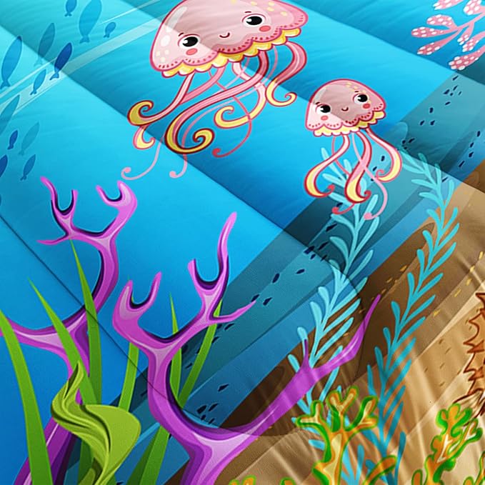 Turtle Comforter Set Queen Ocean Watercolor Sea Turtle Bedding Set Tropical Fish Marine Life Bed Set with 2 Pillowcases for Kids Room Decor - LeafyLoom