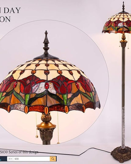 WERFACTORY Tiffany Floor Lamp Red Amber Tulip Flower Stained Glass Standing Reading Light 16X16X64 Inches Antique Pole Corner Lamp Decor Bedroom Living Room Home Office S030 Series - LeafyLoom