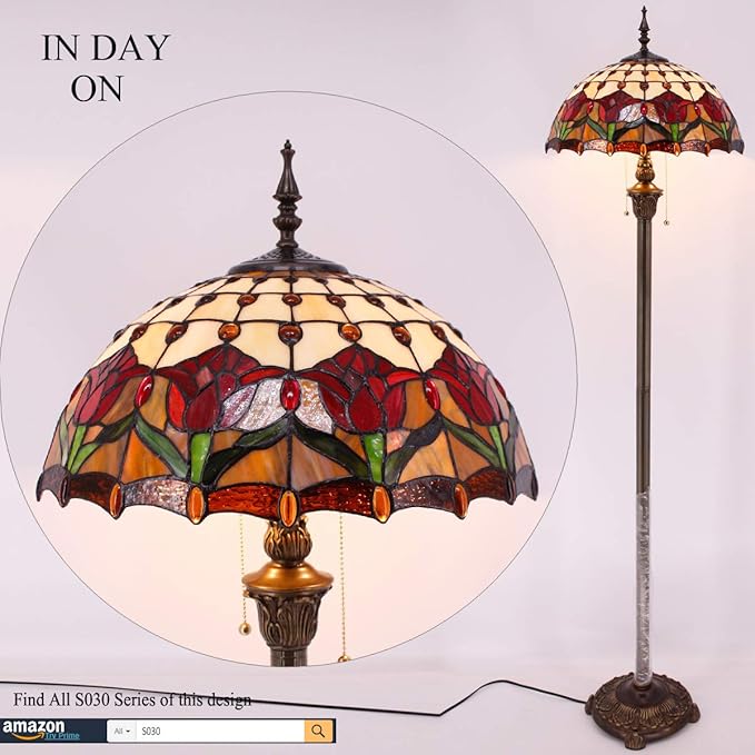 WERFACTORY Tiffany Floor Lamp Red Amber Tulip Flower Stained Glass Standing Reading Light 16X16X64 Inches Antique Pole Corner Lamp Decor Bedroom Living Room Home Office S030 Series - LeafyLoom