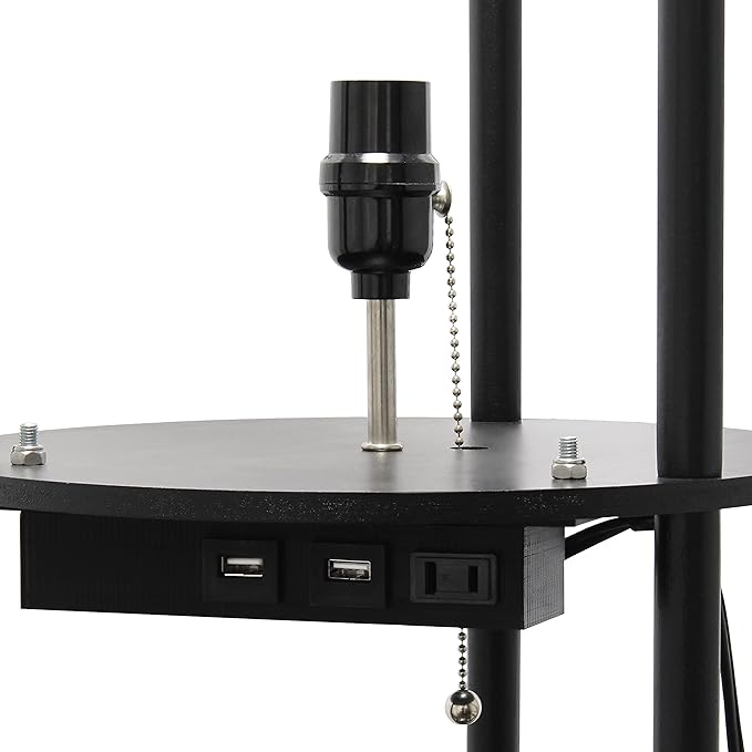 Simple Designs LF2010-BLK 62.5" Round Modern Shelf Etagere Organizer Storage Floor Lamp with 2 USB Charging Ports, 1 Charging Outlet and Linen Shade for Living Room Bedroom Office, Black - LeafyLoom
