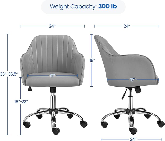 Yaheetech Modern Velvet Desk Chair Vanity Chair Height-Adjustable Swivel Computer Chair for Makeup Room Living Room Bedroom Soft Upholstered Office Chair Light Gray - LeafyLoom