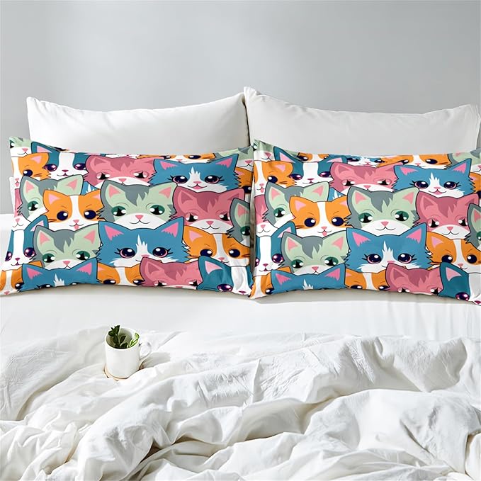 Cat Comforter Set for Girls - Balck Neon Cartoon Cats Bedding Set for Girls Bedroom Ultra Soft Cats Queen Size Comforter Set for All-Season with 1 Comforter and 2 Pillowcases Girls Room Decor - LeafyLoom
