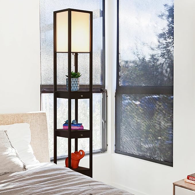 Brightech Maxwell Drawer Edition - Modern Shelf Floor Lamp with Drawer - Corner Display Floor Lamps with Shelves for Living Room, Bedroom and Office - Black - LeafyLoom