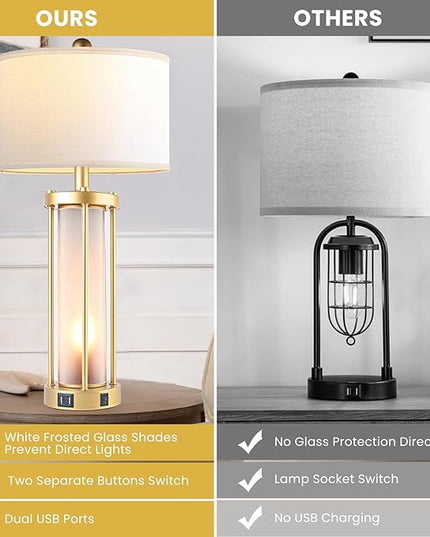 Table Lamps for Living Room Set of 2,26" Tall Gold Bedside Farmhouse Table Lamps with LED Lantern Nightlight,Bedroom Nightstand Lamps with Dual USB Port Grey White Shade (Bulbs Included) - LeafyLoom