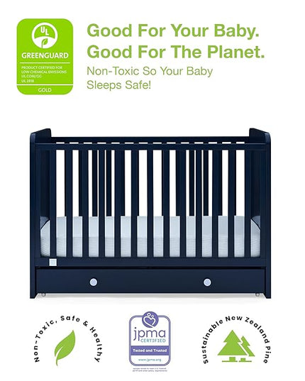 babyGap by Delta Children Graham 4-in-1 Convertible Crib with Storage Drawer TrueSleep Crib and Toddler Mattress (Bundle), Navy/Light Blue - LeafyLoom