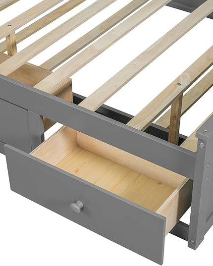 Full Size Wood Pltaform Trundle and 3 Drawers/Upper Shelves,Multifunctional Storage Bed Frame,W/a Set of USB Ports & Sockets,for Apartment,Bedroom,Living Room,Gray - LeafyLoom