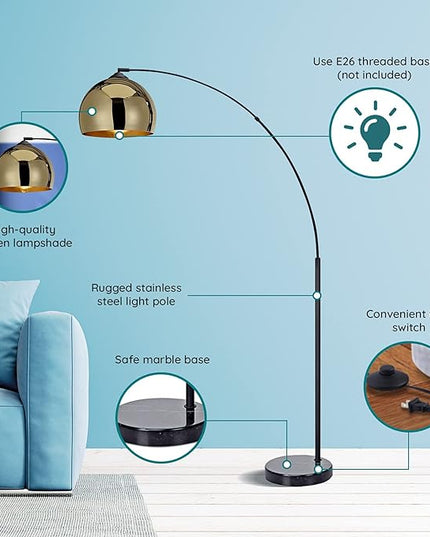NW Archiology Arc Floor Lamp, 67" Height Gold Floor Lamp with Floor Switch and Stable Marble Base, The Unique Curved Design is Ideal for Living Room Reading Bedroom Home Office - LeafyLoom