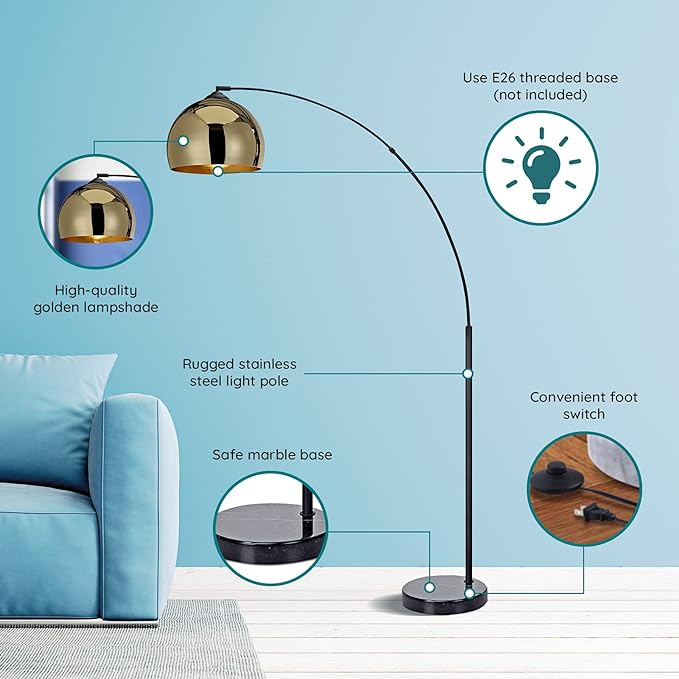NW Archiology Arc Floor Lamp, 67" Height Gold Floor Lamp with Floor Switch and Stable Marble Base, The Unique Curved Design is Ideal for Living Room Reading Bedroom Home Office - LeafyLoom
