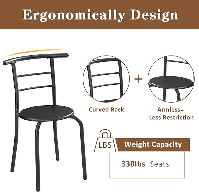 VECELO 3 Piece Small Round Dining Table Set for Kitchen Breakfast Nook, Wood Grain Tabletop with Wine Storage Rack, Save Space, 31.5", Matte Black - LeafyLoom