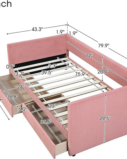 Twin Size Corduroy Daybed with 2 Storage Drawers, Day Bed with Solid Wood Slat Support for Bedroom Living Room Guestroom, No Box Spring Needed, Pink - LeafyLoom