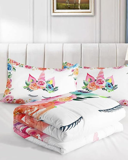 Datura home Unicorn Floral Watercolor Flower Comforter Bedding Set for Girls Teens Adults,Colorful Lovely Roses Blooms Print Design Unicorn Bedding Set(Unicorn Queen) - LeafyLoom