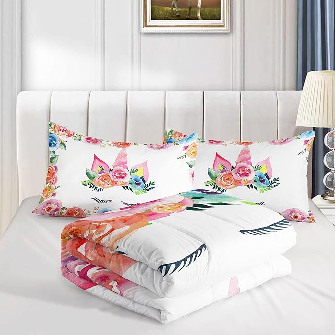 Datura home Unicorn Floral Watercolor Flower Comforter Bedding Set for Girls Teens Adults,Colorful Lovely Roses Blooms Print Design Unicorn Bedding Set(Unicorn Twin) - LeafyLoom