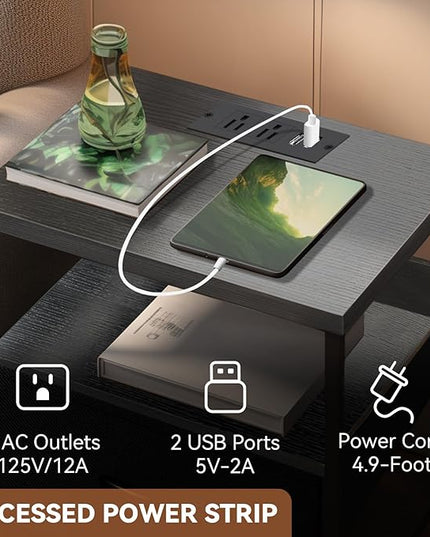 Nightstand with Charging Station, Bedside Table with Fabric Drawers, End Table with Open Shelf, Side Table with USB Ports & Outlets, Night Stand for Bedroom, Black - LeafyLoom