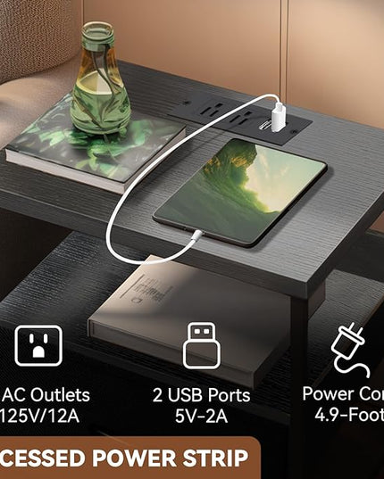 Night Stand Set of 2, Bedside Tables with Fabric Drawers, Side Table with Charging Station, LED Nightstand with USB Ports and Outlets, Small End Table for Bedroom, Black - LeafyLoom