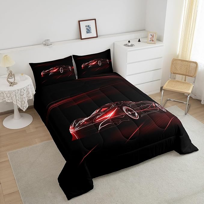 Feelyou Red Race Car Bedding Set Full Size for Kids Boys Extreme Sport Games Comforter Set Teens Toddler Fast and Furious Duvet Set Cool Modern Quilt Set 3Pcs - LeafyLoom
