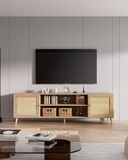 Media TV Stands for 75+ Inch TV,Entertainment Center with Adjustable Shelf, Rattan TV Console with 2 Cabinets,Mid Century Modern TV Console Table for Living Room Bedroom - LeafyLoom