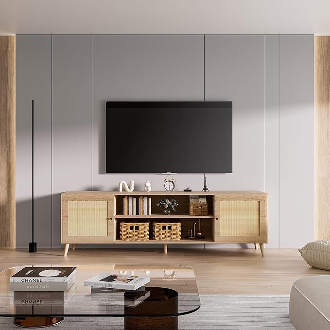 Media TV Stands for 75+ Inch TV,Entertainment Center with Adjustable Shelf, Rattan TV Console with 2 Cabinets,Mid Century Modern TV Console Table for Living Room Bedroom - LeafyLoom