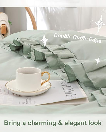 Sage Green Double Ruffle Comforter Set King Size (104x90 Inch), 3 Pcs Farmhouse Vintage Comforter Set (1 Ruffled Comforter and 2 Pillowcase), Rustic All Season Down Alternative Bedding Set - LeafyLoom