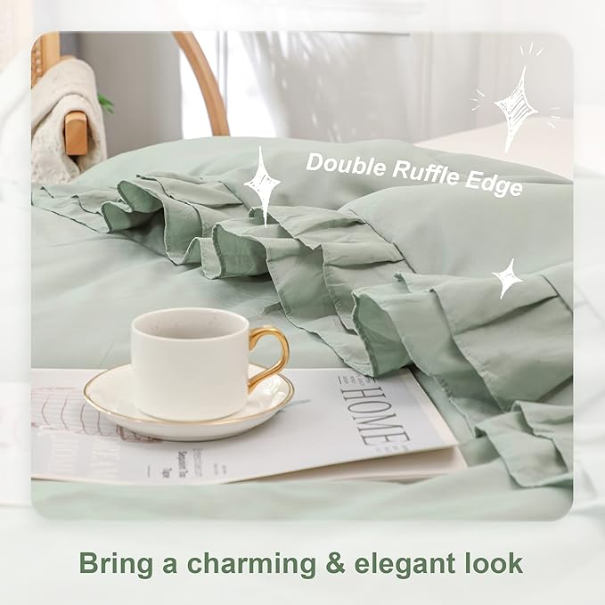 Sage Green Double Ruffle Comforter Set Twin Size (66x90 Inch), 2 Pcs Farmhouse Vintage Comforter Set (1 Ruffled Comforter and 1 Pillowcase), Rustic All Season Down Alternative Bedding Set - LeafyLoom