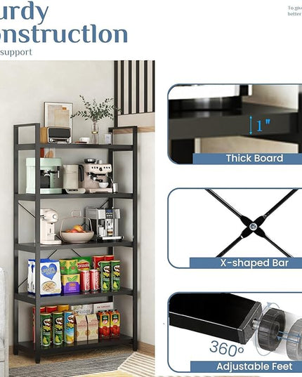 Tall Bookshelf with Large Storage,5 Tier Bookcase in Bedroom,Living Room and Office,Modern Wide Bookcase Shelf for Storing Books/Plants,Black - LeafyLoom