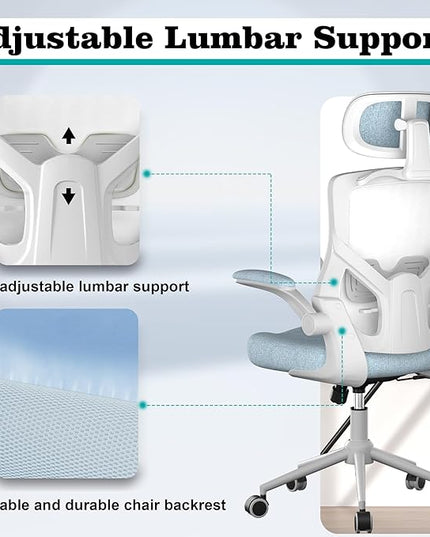 Ergonomic Office Chair, High Back Mesh Desk Chair with Thick Molded Foam Cushion, Coat Hanger, Adjustable Headrest, Lumbar Support, Tilt & Lock Function-Task Chair (Carolina Blue) - LeafyLoom
