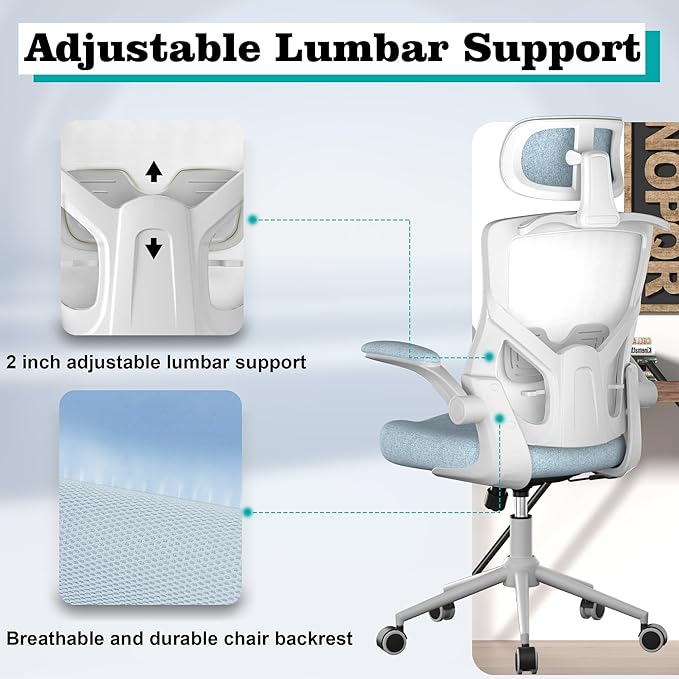 Ergonomic Office Chair, High Back Mesh Desk Chair with Thick Molded Foam Cushion, Coat Hanger, Adjustable Headrest, Lumbar Support, Tilt & Lock Function-Task Chair (Carolina Blue) - LeafyLoom